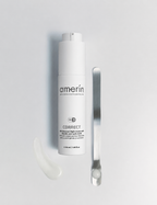 amerin CORRECT hauterneuernde AHA-Nachtcreme mit Glykol- und Milchsäure, 50-ml-Airless-Flasche neben einem Metallspatel und einer Probe weißer Creme vor hellgrauem Hintergrund
