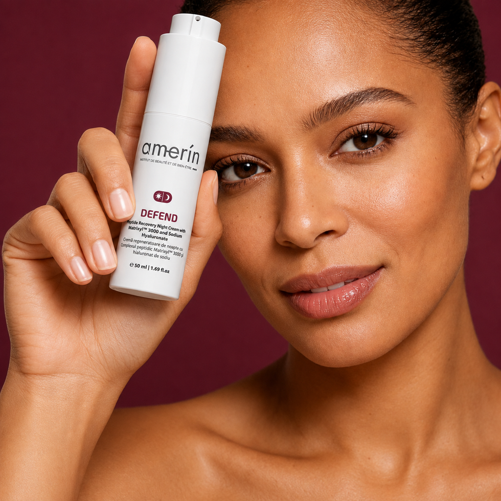 Une femme tient contre son front la crème de nuit réparatrice aux peptides amerin DEFEND avec Matrixyl™ 3000, en flacon de 50 ml, sur fond bordeaux foncé