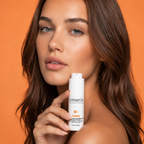 Une femme aux longs cheveux bruns tient un flacon blanc de soin Amerin PRIME sur fond orange uni.