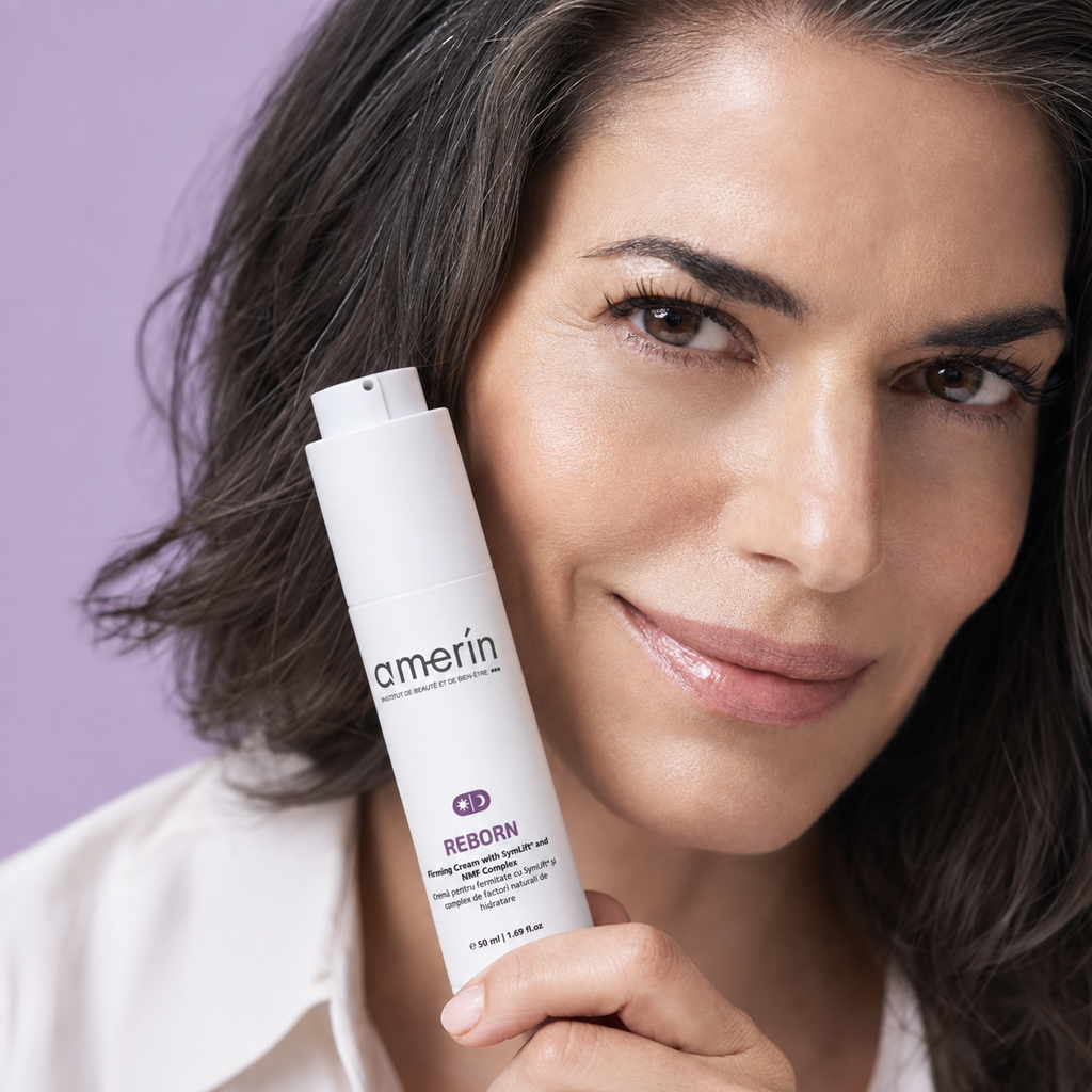 Frau hält die amerin REBORN straffende Gesichtscreme mit SymLift® in einer 50-ml-Airless-Flasche neben ihre Wange, vor lavendelfarbenem Hintergrund