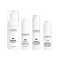 amerin Pflegeritual für reife Haut: ESSENTIAL enzymatischer Reinigungsschaum, REBORN straffendes und aufpolsterndes Serum, REBORN straffende Creme mit SymLift® und CORRECT Nachtcreme für die Augenpartie, weißer Hintergrund