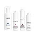 Quatre flacons de soins et contenants-pompes blancs Amerin alignés sur fond blanc, dont les gammes Essential, Defend et Correct.