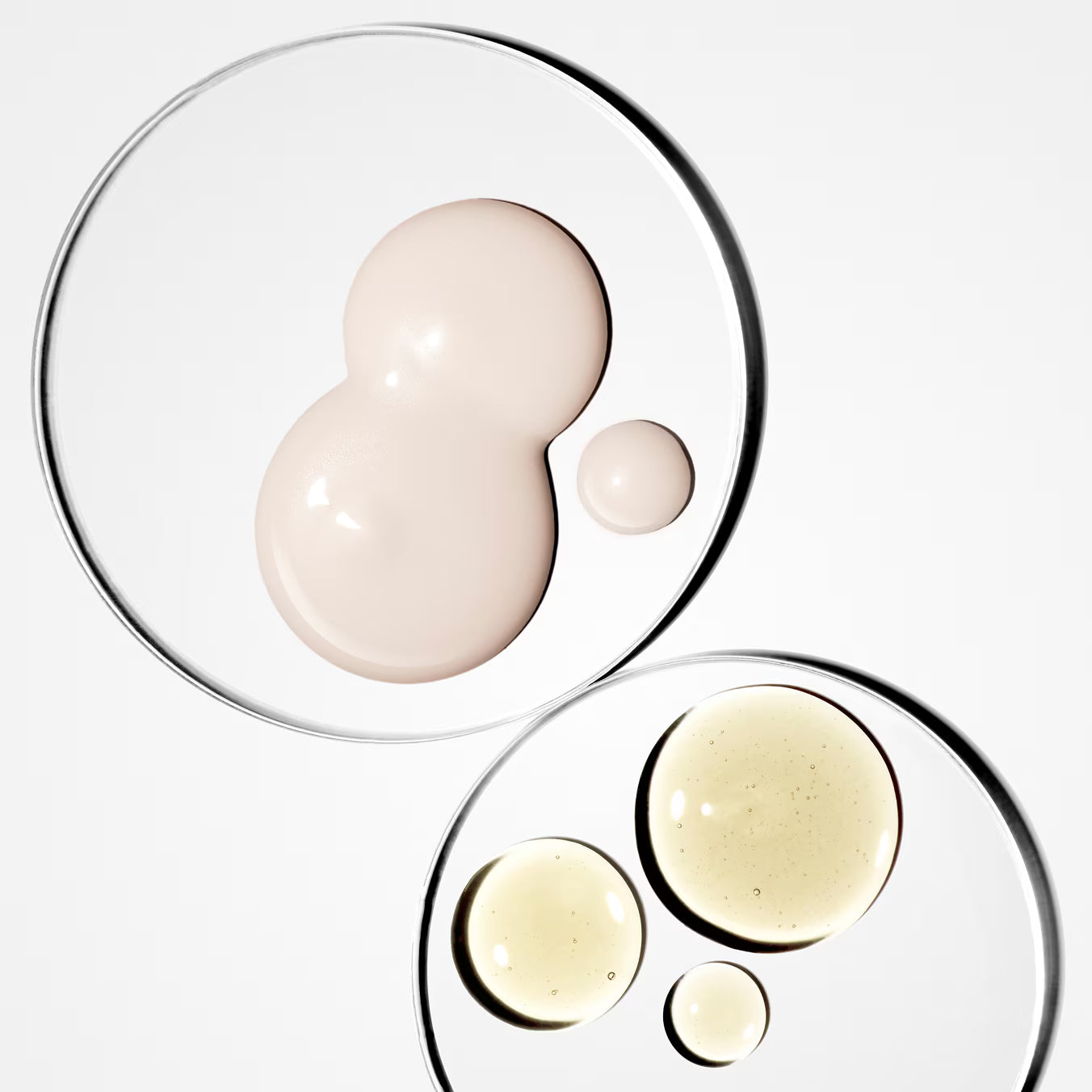Two clear circular petri dishes on a white background containing glossy droplets of pale beige and pale yellow liquid, likely cosmetic or skincare serum/oil droplets.